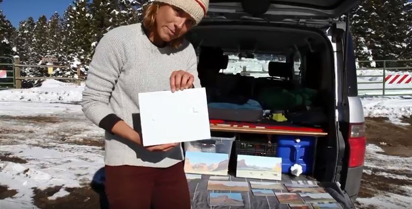 Art on the road needs pizza boxes! Put tape on the back of wet panels like so and tape them to the inside of a pizza box so the works stay sealed up while they dry.