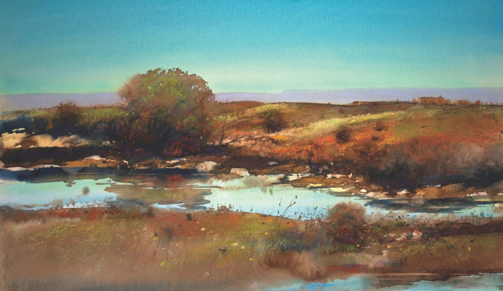 Perkinson is careful to create a variety of edges, from soft to hard, in Autumn, New Mexico (mixed media on paper, 16x28).