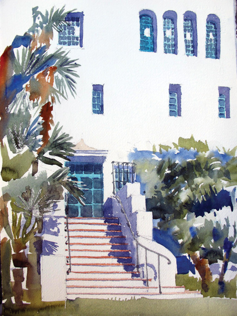 Santa Barbara Courthouse Steps by Stephen Harby, graphite and watercolor on paper, 13x16½