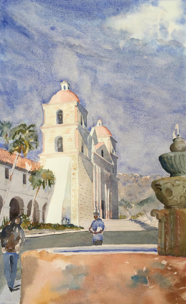Santa Barbara Mission by Stephen Harby, graphite and watercolor on paper