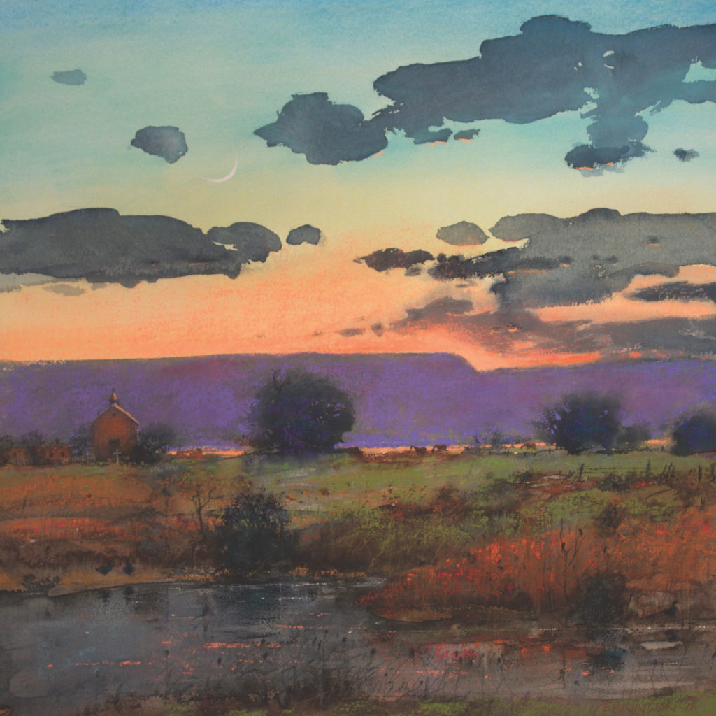 Saturated washes of watercolor are enriched with delicate applications of pastel to create active, broken color in Twilight, New Mexico by Tom Perkins (mixed media on paper, 20x20).
