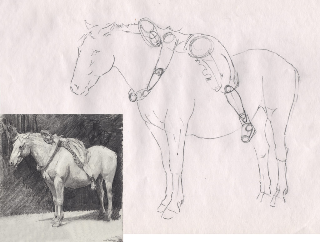 Notice the inset finished drawing I created based on those first maquette sketches.