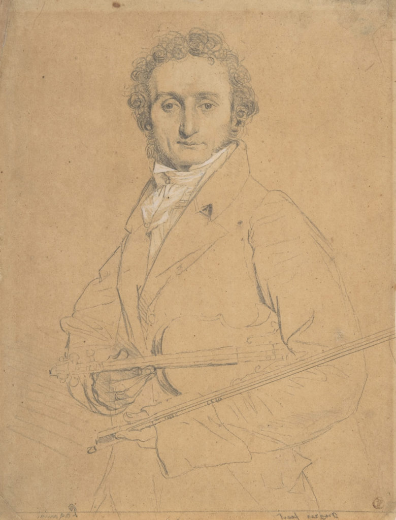 Nicolo Paganini (virtuoso violinist and composer) by Jean-AugusteDominique Ingres counterproof strengthened with graphite and white chalk on tracing paper, 9⁷⁄₁₆x7⁵⁄₁₆