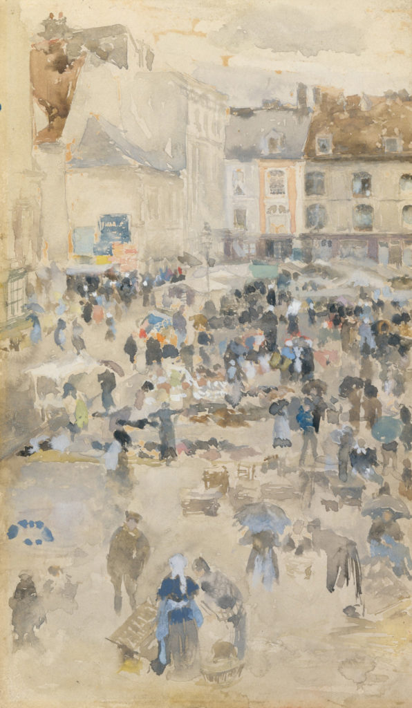 Variations in Violet and Grey—Market Place, Dieppe by James McNeill Whistler 1885; gouache and watercolor on off -white wove paper, mounted on academy board; 7⁵⁄₁₆x5