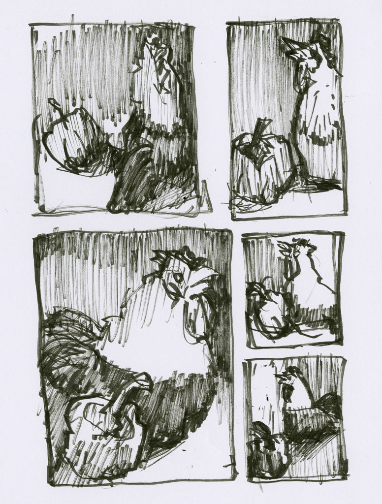 Remember that your thumbnail art sketches don’t need to look like something to anyone but yourself. They are explorations to arrive at a focal point and discover a viewpoint. (Fiber-tipped brush pen on bond copier paper.)