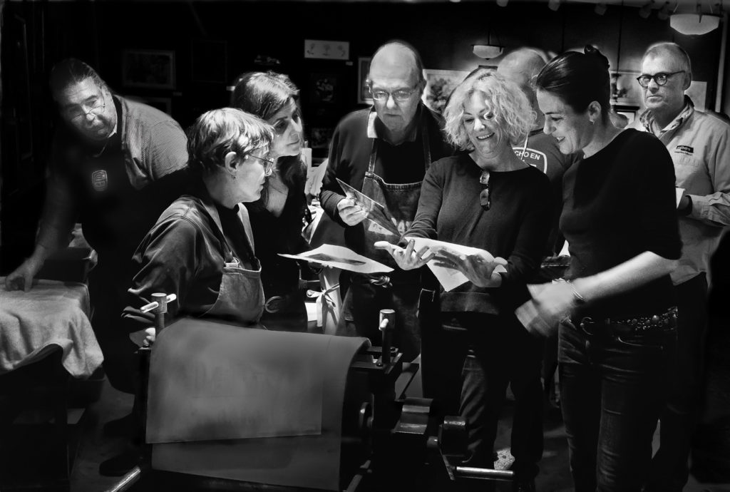 Participants in a recent monotype party at the Salmagundi Club, in New York City, share their work.