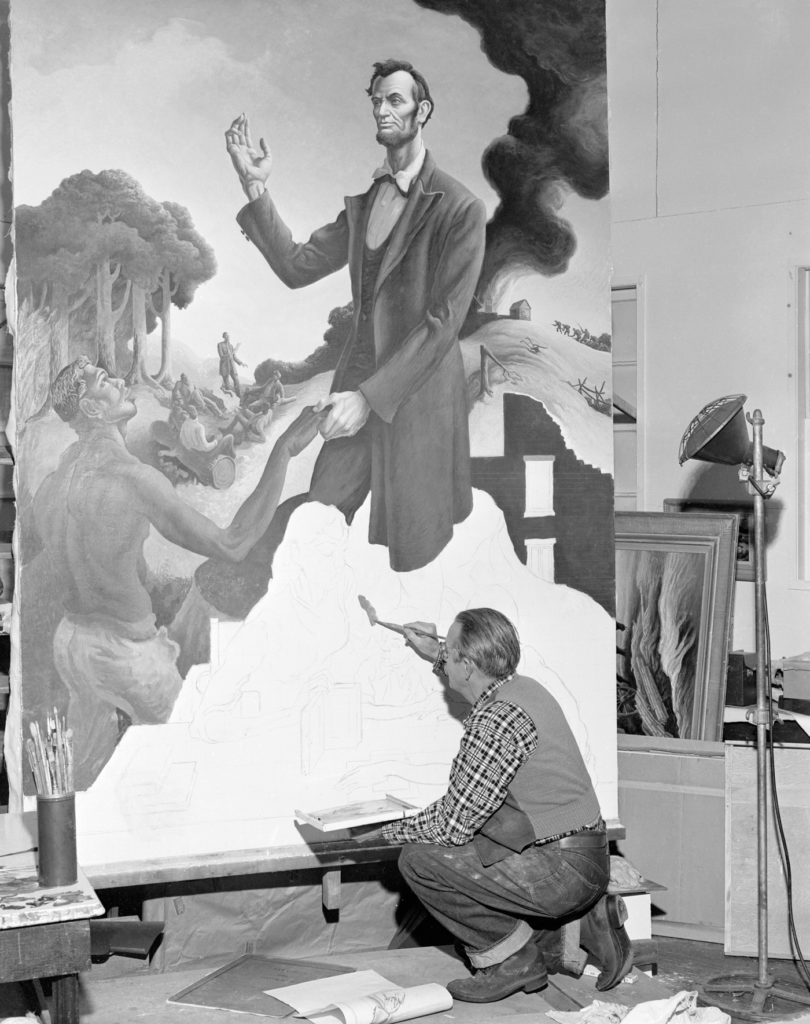 Benton in his Kansas City studio, working on his mural Lincoln (1955)