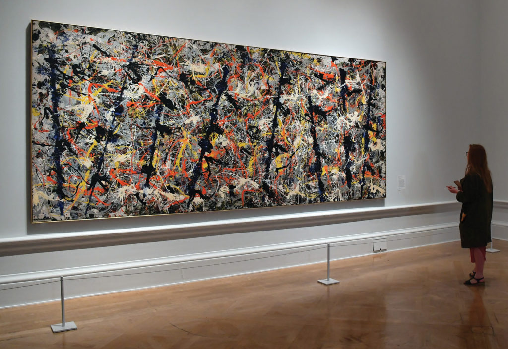 Blue Poles by Jackson Pollock 1952; enamel and aluminum paint on canvas, 83½x176¾ Pictured in a 2016 exhibition at the Royal Academy of Arts, in London