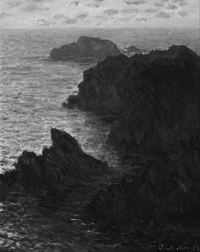 Above is Monet's painting in grayscale which demonstrates the bold organic value masses created by the rock formations.